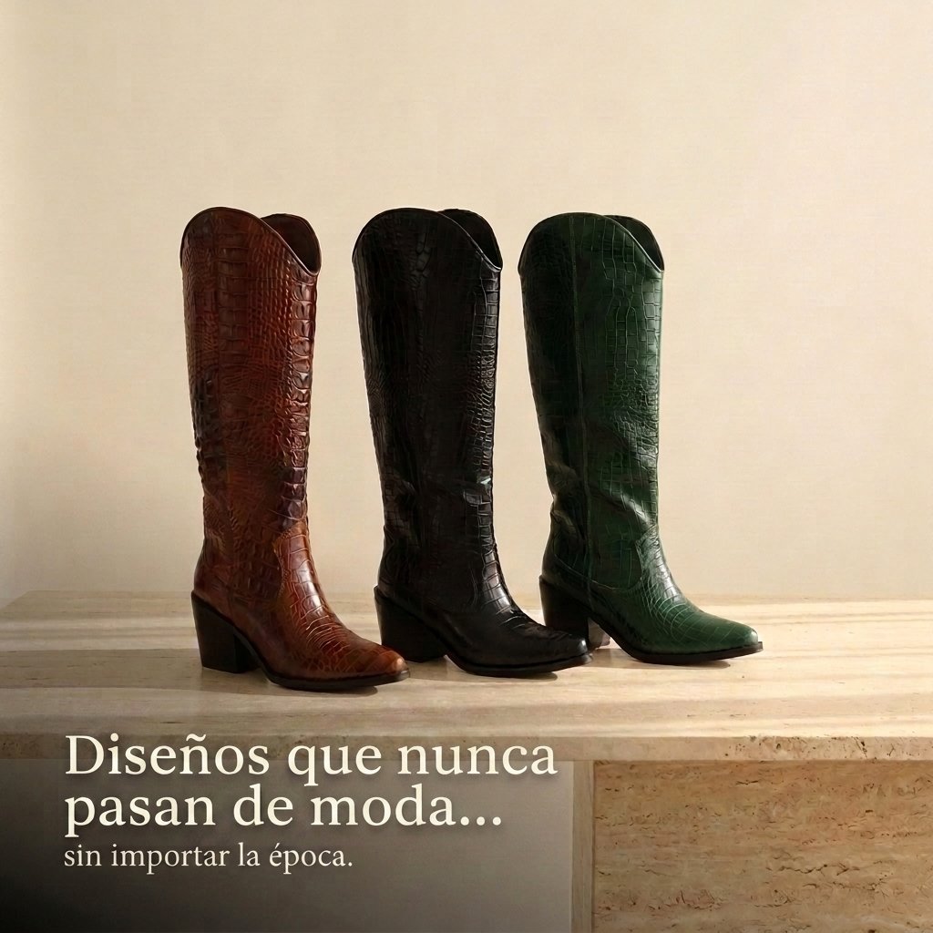 Tres pares de botas Bruna en fila, café, negra y verde