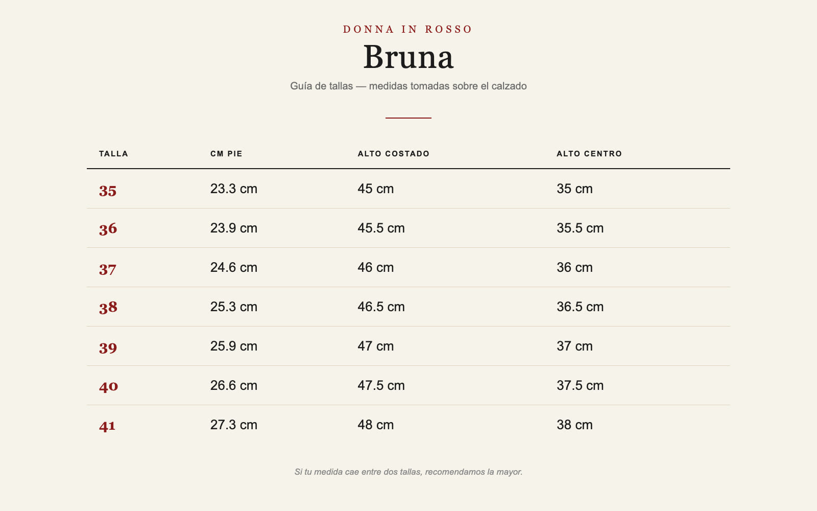 Guía de tallas Bota Bruna Negra